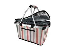 An insulated carry basket with a striped pattern in pink, grey, and white, featuring a silver interior and a lid.