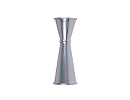 A stainless steel spirit measure with 30ml and 60ml markings, featuring a sleek, mirrored finish and a brand logo.