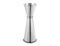 A stainless steel spirit measure in a sleek design, featuring 30ml and 60ml measurements. Includes a logo.
