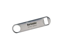 A stainless steel bottle opener with two circular ends and a logo on the surface.