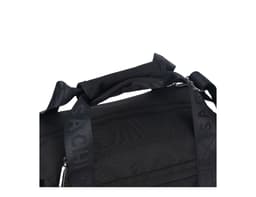 A black insulated cooler bag with adjustable straps and a detailed handle, featuring a logo.