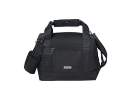 A black insulated cooler bag with adjustable straps and a front zip pocket, featuring branding on the straps.