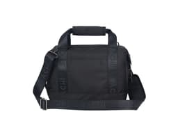 A black insulated cooler bag with adjustable straps and a logo on the strap. Features sturdy handles and a sleek design.