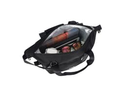 A black insulated cooler bag with an adjustable strap, containing books, sunglasses, and a drink container.