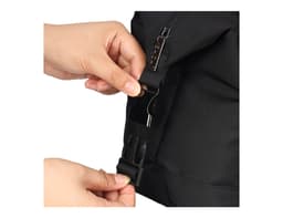 A person's hands adjusting a black buckle on an insulated cooler bag. The bag features a zippered opening and has branding.