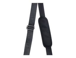 A black adjustable strap with a padded section and branding, designed for use with a cooler bag.