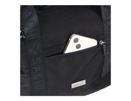 A black cooler bag with a smartphone tucked into a front pocket and a subtle logo visible on the straps.