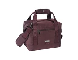 A brown insulated cooler bag with adjustable straps and a front pocket, featuring branding on the straps.