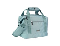 A light blue insulated cooler bag with adjustable straps and a logo, featuring sturdy handles and a zip closure.
