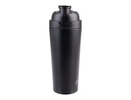 A drink bottle in matte black, featuring a screw-on lid and a logo. Ideal for protein shakes or beverages.