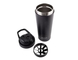 A drink bottle featuring a black exterior, a removable lid, and a blending insert, with a logo displayed.