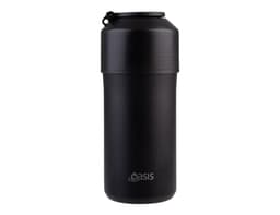 A drink bottle in matte black, featuring a secure lid and an applied branding logo. Insulated stainless steel design.