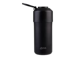 A stainless steel wine cooler in matte black with a secure lid and a logo.