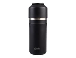 A drink bottle featuring a sleek black design with a stainless steel inner section and a logo at the base.