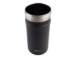 A drink bottle in matte black with a stainless steel top, featuring a logo. Ideal for keeping beverages insulated.