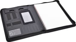A black A4 zip portfolio with organised pockets for cards and a lined notebook. Includes a clear pocket and elastic straps.