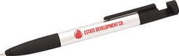 A black and silver multi pen with a stylus tip and a logo on its side. Features multiple writing functions.