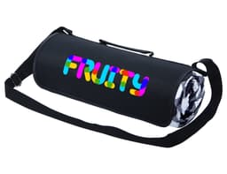 A black picnic rug rolled up with a colourful logo and an adjustable strap for easy carrying.