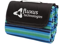 A folded picnic rug featuring blue, green, and black stripes with a branding logo.