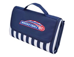 A navy picnic rug with a striped design and a branding logo, featuring a carry handle for easy transport.