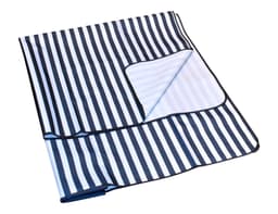 An extra-large navy and white striped picnic rug with a foldable design and black edging.