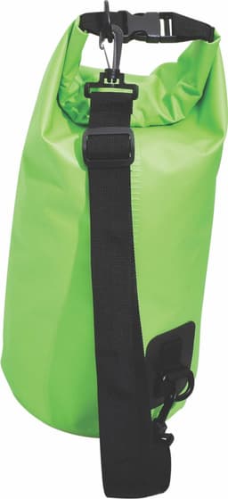A green 10-litre Aqua Dry Bag with a black strap and buckle, featuring a logo.