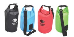 Aqua Dry Bags in black, red, blue, and green, each with a strap and a logo.