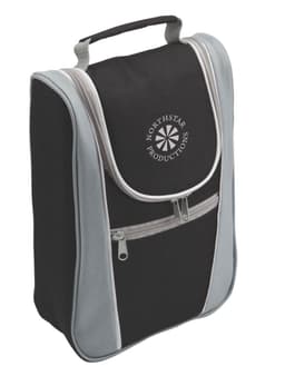 A drink bottle cooler bag featuring a black and grey design with a handle and front zip pocket. It has a logo on it.