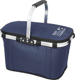 A navy cooler bag with a metal handle and branding on the side, perfect for outdoor activities.
