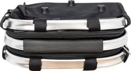 A black Miami Picnic Cooler with silver accents, featuring zippers and straps, displayed in a folded position.