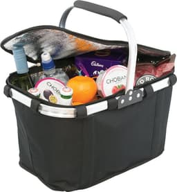 A black picnic cooler bag with a silver handle, filled with drinks, snacks, and an orange, featuring a logo.