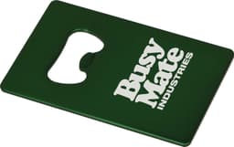 A drink bottle opener in a rectangular green design with a circular opening and a logo.