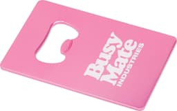 A pink drink bottle opener in a card shape featuring a circular cutout and a logo.