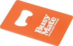 An orange bottle opener keyring with a cut-out for opening bottles and a logo.