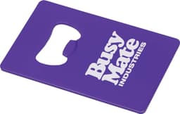 A purple bottle opener in a rectangular shape with a cutout and a logo. It features a smooth surface.