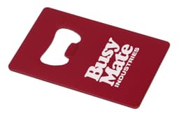 A drink bottle opener in red with a rounded cut-out and a logo. Flat design suitable for keyring attachment.