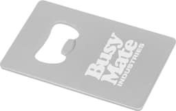 A drink bottle opener in a silver, rectangular design featuring a logo.