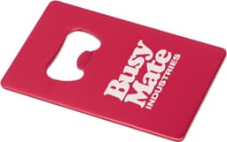 A drink bottle opener with a red metallic finish, featuring a logo in white.