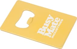 A yellow bottle opener keyring with a cut-out design and a logo.