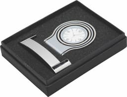 A deluxe gift box containing a silver watch and a metal clip, presented on black foam padding in a black box.