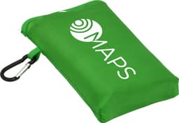 A compact green picnic mat featuring a logo and a carabiner attached for easy carrying.