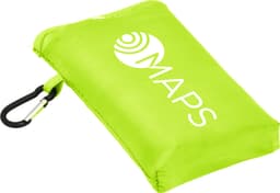 A compact picnic mat in vibrant green with a logo and a carabiner for easy attachment.