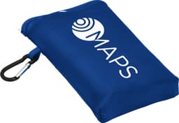 A compact blue picnic mat with a carabiner and a logo on one side, folded and ready for transport.