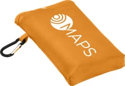 An orange compact picnic mat with a carabiner attached, featuring a white logo.
