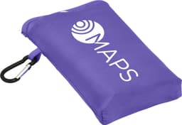 A purple compact picnic mat with a carabiner clip, featuring a logo on one side.