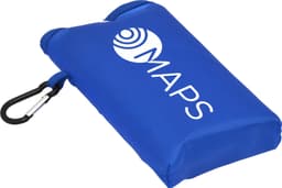 A compact blue picnic mat with a carabiner for easy attachment, featuring a logo.
