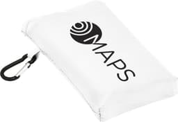 A compact white picnic mat with a logo and a carabiner for easy attachment.