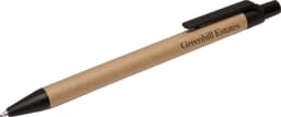 A brown eco-friendly pen with a black clip, featuring a logo on the barrel.