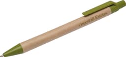 A biodegradable pen featuring a green trim and a natural kraft barrel, with a logo displayed on the side.