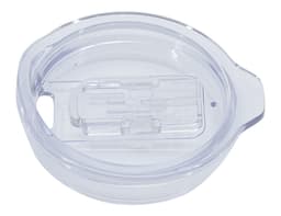 A plastic lid for a travel mug, featuring a clear, transparent design with a small opening and a slider mechanism.